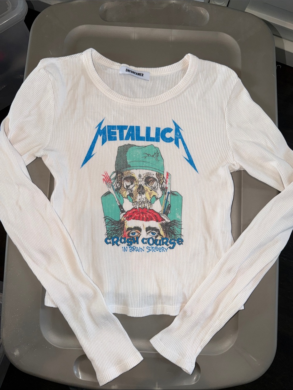 Daydreamer White Ribbed Metallica Graphic Long-Sleeve Sweater
